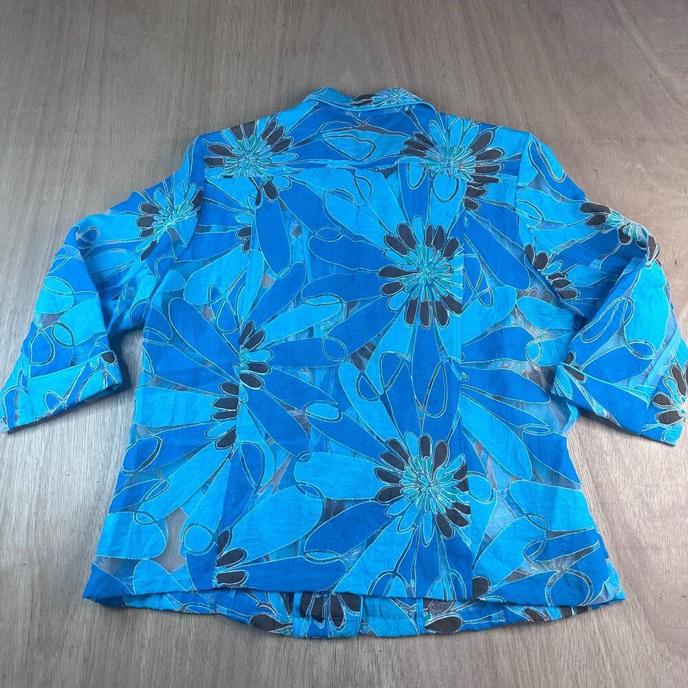Multiples Sheer Button Front Blouse Women's Blue Floral Top 3/4 Sleeve - Picture 3 of 5